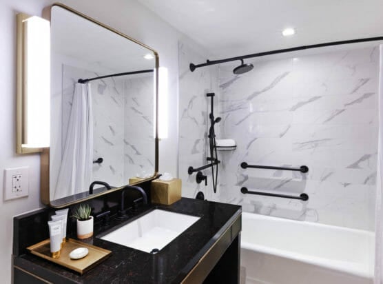 Handicapped accessible bathroom with large accessible tub and vanity