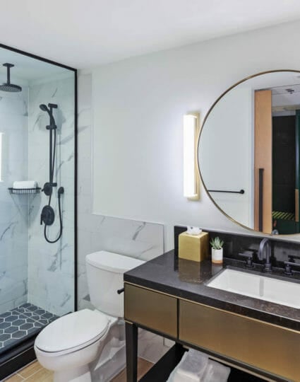 Bathroom with stand up shower, toilet, and vanity with circular mirror