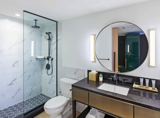 Bathroom with stand up shower, toilet, and vanity with circular mirror