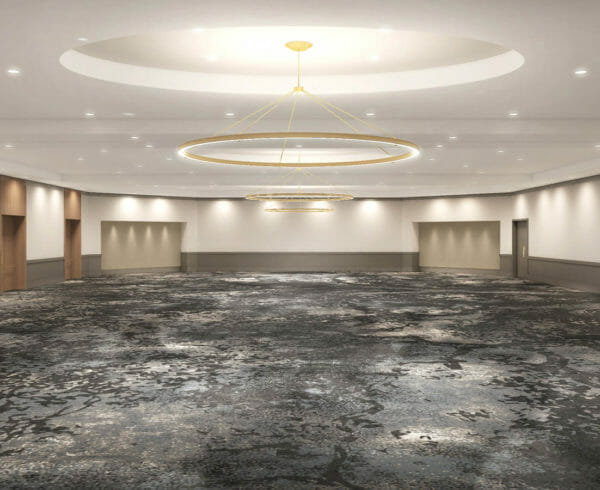 Large spacious conference room that is empty with recessed circular light fixtures in the ceiling, grey carpet, white walls, and wooden trim