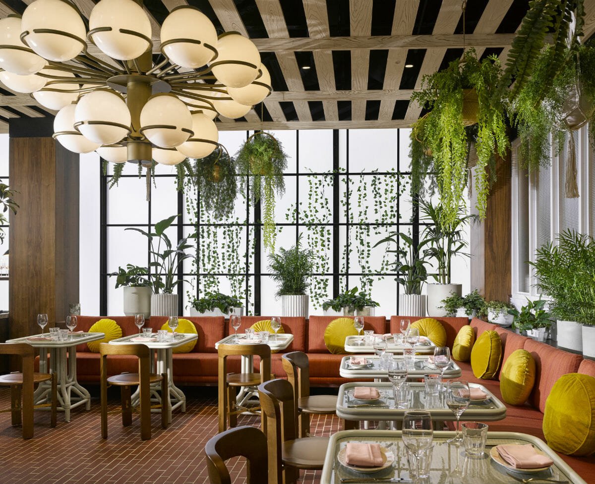 Long bench style seating along the wall decorated with various plants