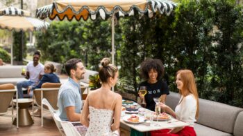 people on patio eating