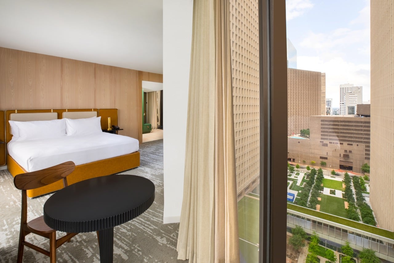 View from king bedroom with view of downtown Houston through floor to ceiling windows