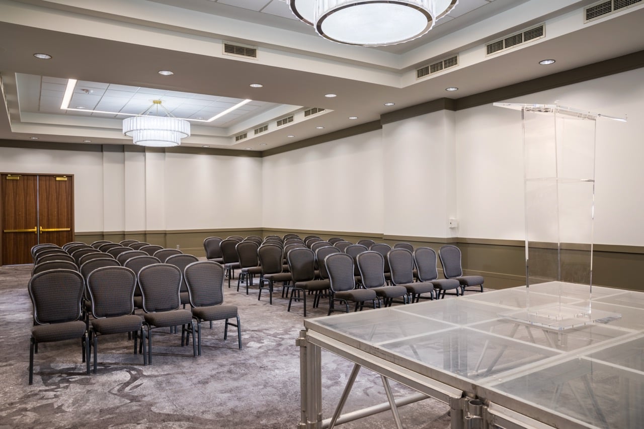 An empty B. Jordan Ballroom at C. Baldwin, showcasing the space