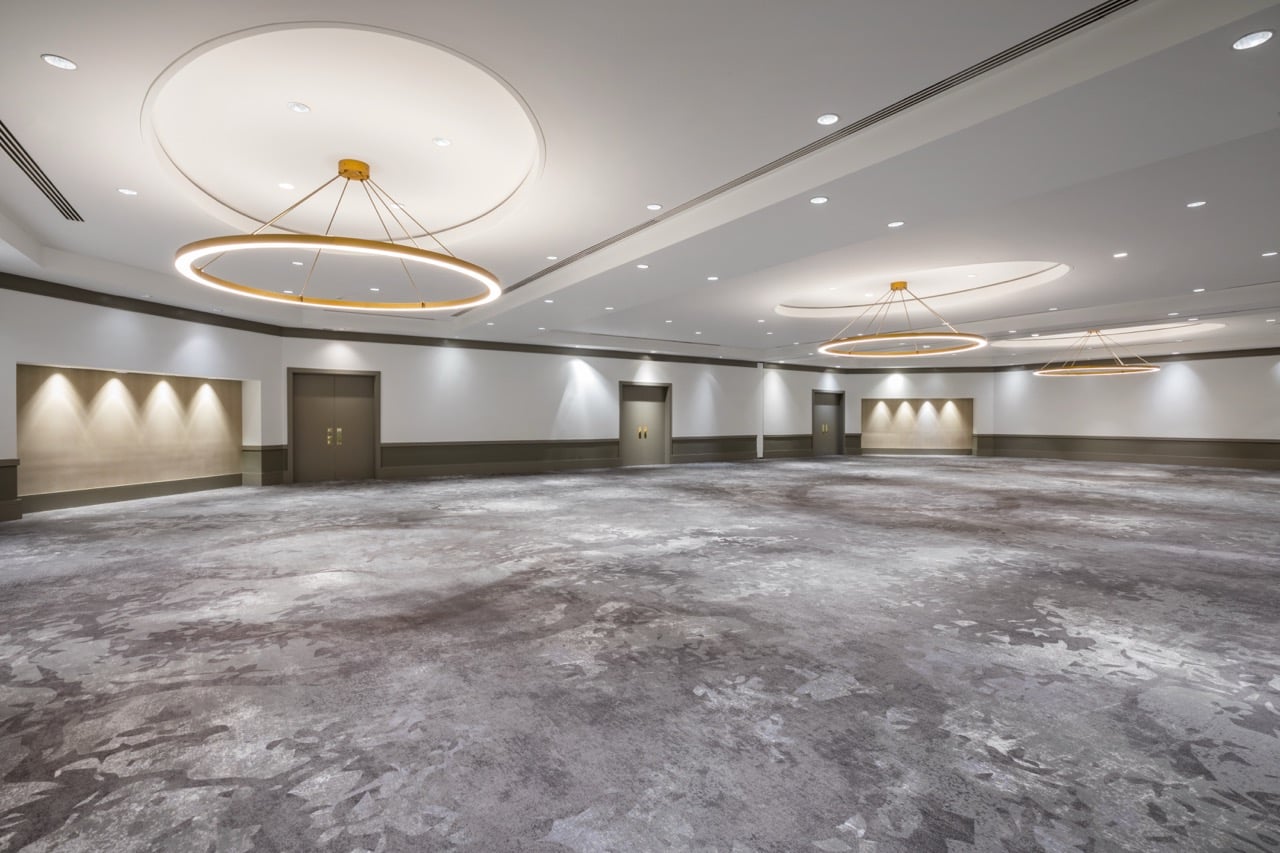 An empty B. Jordan Ballroom at C. Baldwin, showcasing the space