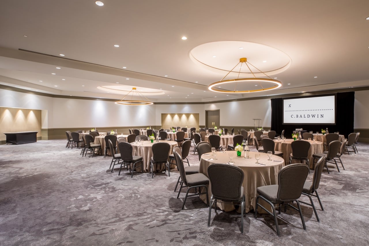 An empty B. Jordan Ballroom at C. Baldwin, showcasing the space