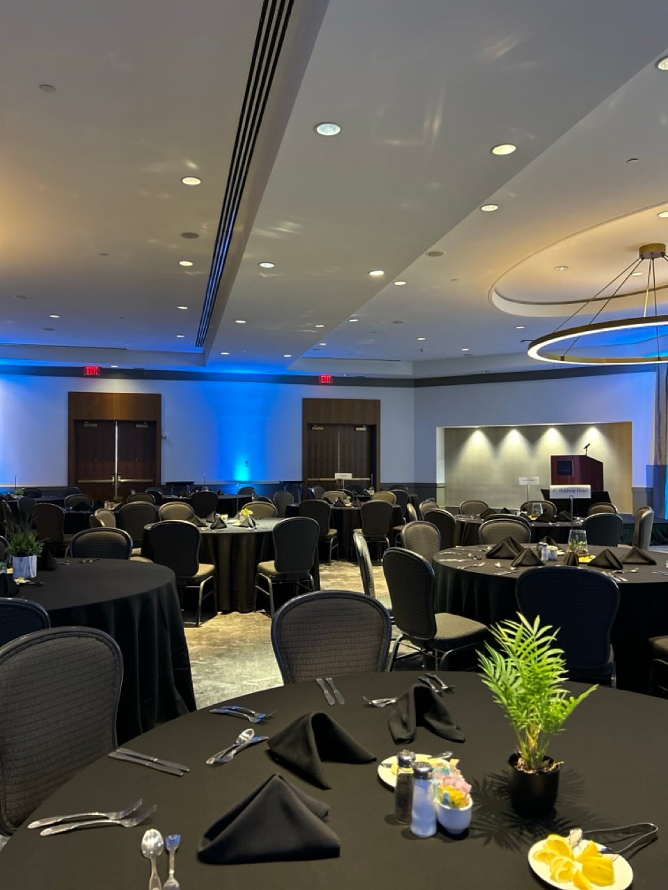 An empty B. Jordan Ballroom at C. Baldwin, showcasing the space